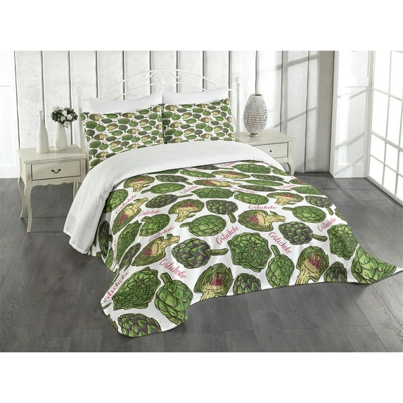 Ambesonne Artichoke Quilted Bedspread Set 3 Pcs, Super Food Illustration, King Size, Hunter Green Fern Green