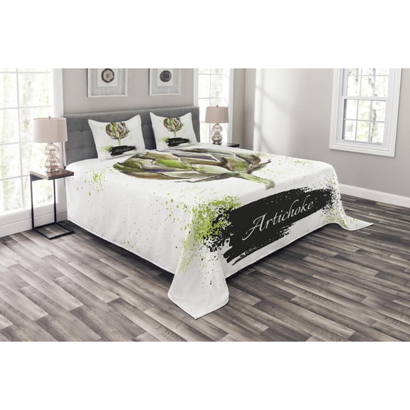 Ambesonne Artichoke Quilted Bedspread Set 3 Pcs, Watercolor Splashy Veggie, Queen Size, Fern Green and Black