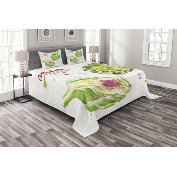 Ambesonne Artichoke Quilted Bedspread Set 3 Pcs, Watercolor Super Food, King Size, Fuchsia and Apple Green