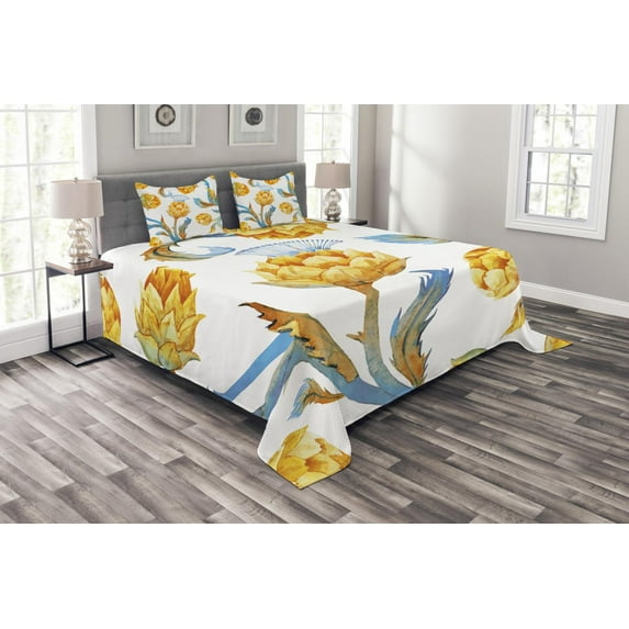 Ambesonne Artichoke Quilted Bedspread Set 3 Pcs, Watercolor Vegetables, Queen Size, Earth Yellow Sky Blue