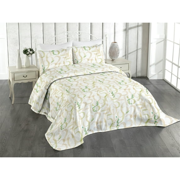 Ambesonne Artwork Quilted Coverlet 2 Pcs, Repeating Numbers Leaves, Twin Size, Olive Green Blush Dusk