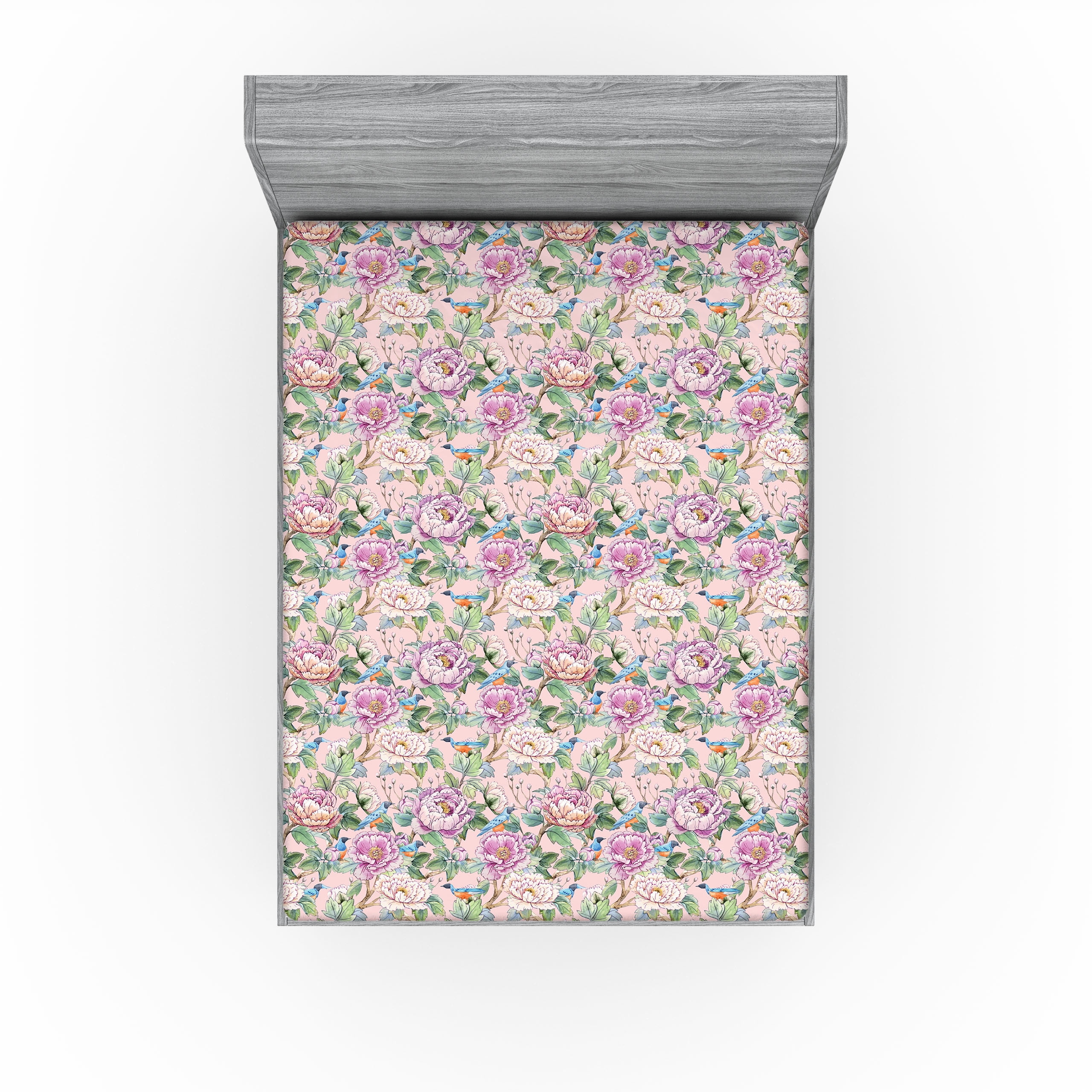 Ambesonne Asia Fitted Sheet, Chinese Flowers Watercolor Art, Queen Size