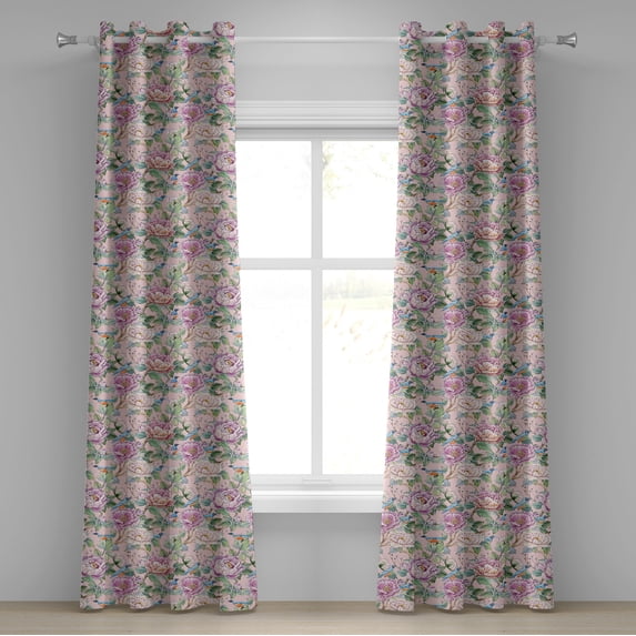 Ambesonne Asia Grommet Curtain, Chinese Flowers Watercolor Art, 50"x120", Pale Pink Pistachio Green