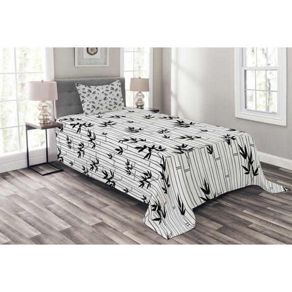 Ambesonne Asian Boho Quilted Bedspread Set 2 Pcs, Japanese Forest Design, Twin Size, White Black