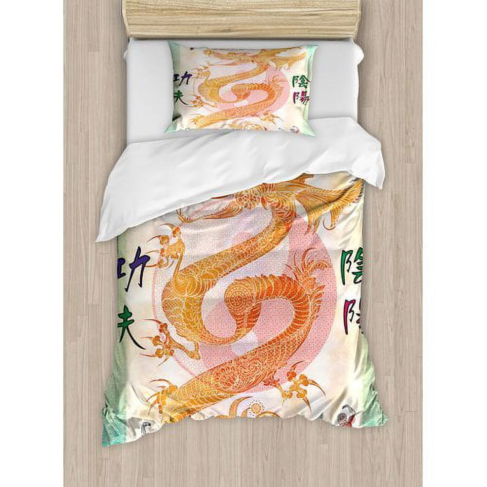 Twin Orange and Beige Microfiber Dragon Duvet Cover Set