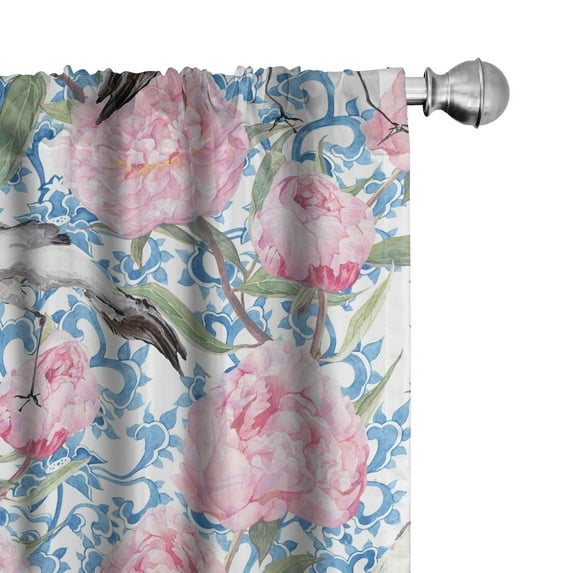 Ambesonne Asian Curtains, Peony Crane Birds Chinese, Pair of 28"x63", Soft Pink Azure Blue