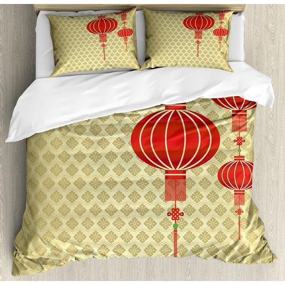 Ambesonne Asian Duvet Cover Set, Chinese Baroque Art Pattern, 2-Calking, Earth Yellow and Red
