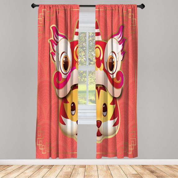 Ambesonne Asian Emoji Curtains, Tiger Hat Circular Art, Pair of 28"x84", Coral Sand Brown Orange