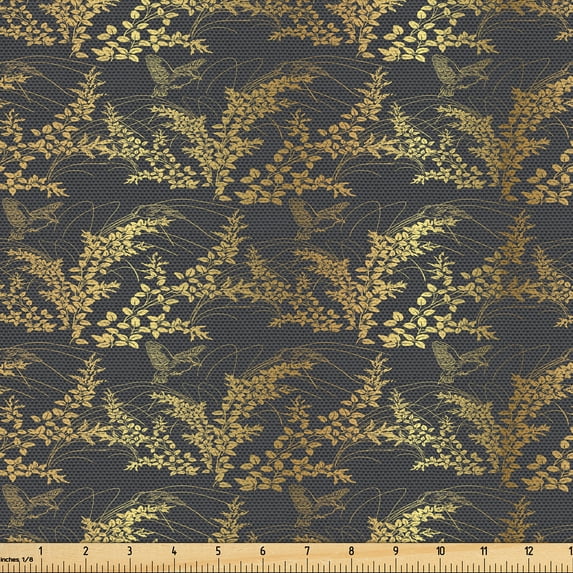 Ambesonne Asian Fabric by the Yard Upholstery, Japanese Lespedeza Art Print, 3 Yards, Dark Mustard and Brown