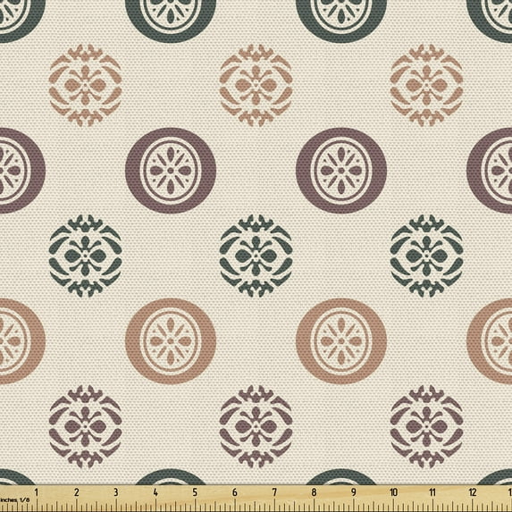 Ambesonne Asian Fabric by the Yard Upholstery, Japanese Circular Flora Art, 5 Yards, Dried Rose and Pale Taupe