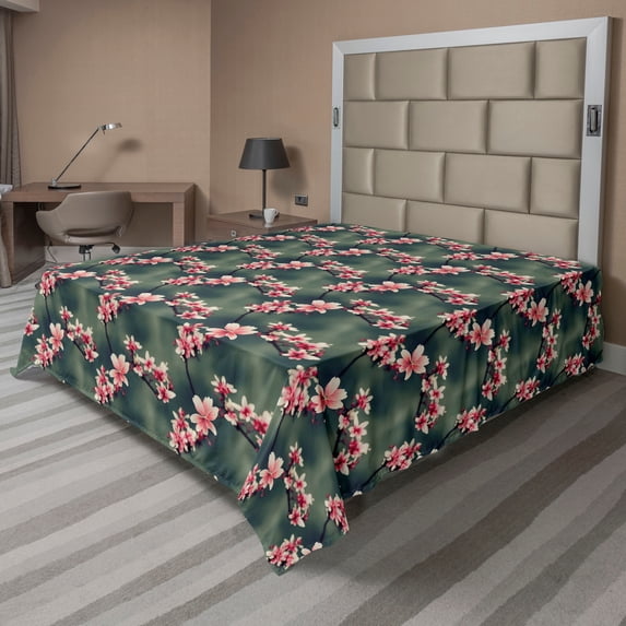 Ambesonne Asian Flat Bedding Sheet Soft Top Sheet, Cherry Blossom Japan Aura Art, King, Dark Cadet Blue and Pink