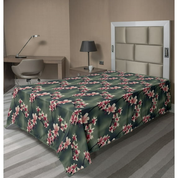 Ambesonne Asian Flat Bedding Sheet Soft Top Sheet, Cherry Blossom Japan Aura Art, Twin XL, Dark Cadet Blue and Pink