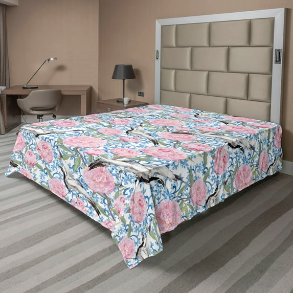 Ambesonne Asian Flat Bedding Sheet Soft Top Sheet, Peony Crane Birds Chinese, Full, Soft Pink Azure Blue