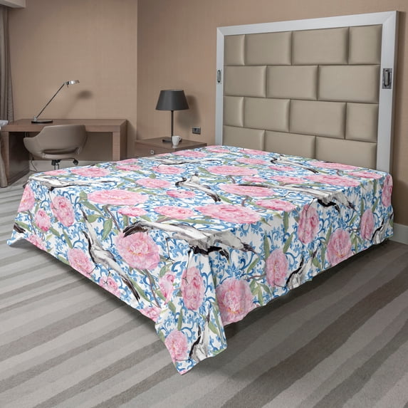Ambesonne Asian Flat Bedding Sheet Soft Top Sheet, Peony Crane Birds Chinese, Queen, Soft Pink Azure Blue