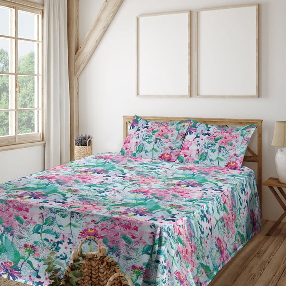 Ambesonne Asian Floral Fitted & Flat Sheet with Sham 3 Pcs Set, Grunge Japanese Sakura, Twin, Seafoam Pale Pink Teal