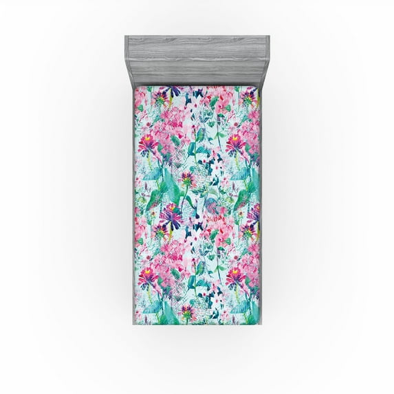 Ambesonne Asian Floral Fitted Sheet, Grunge Japanese Sakura, Twin Size, Seafoam Pale Pink Teal