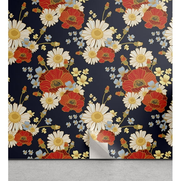 Ambesonne Asian Floral Peel & Stick Wallpaper for Home, Flowers Eastern Colors, 13"x72", Indigo Burnt Orange Cream