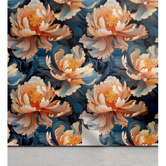 Ambesonne Asian Floral Peel & Stick Wallpaper for Home, Japanese Peony Flowers, 13"x36", Petrol Blue and Dark Peach