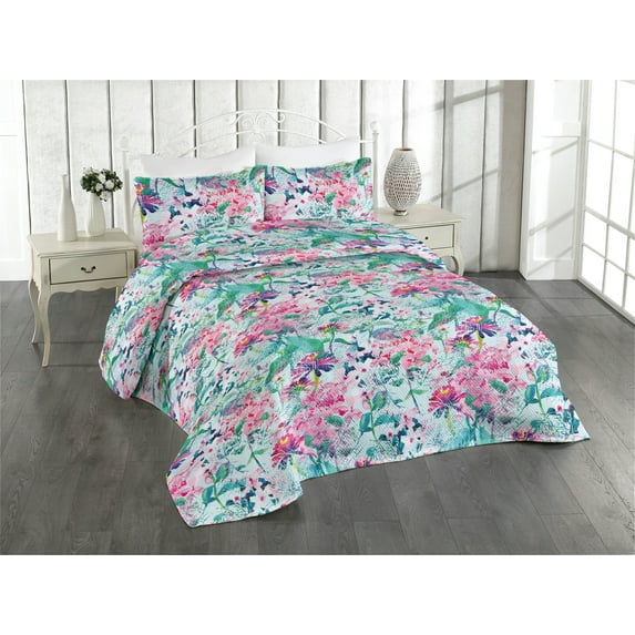 Ambesonne Asian Floral Quilted Bedspread Set 3 Pcs, Grunge Japanese Sakura, King, Seafoam Pale Pink Teal