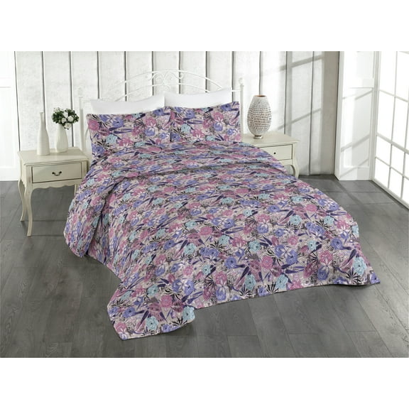 Ambesonne Asian Floral Quilted Bedspread Set 3 Pcs, Grunge Ornaments Roses, Twin, Blue Violet Dried Rose