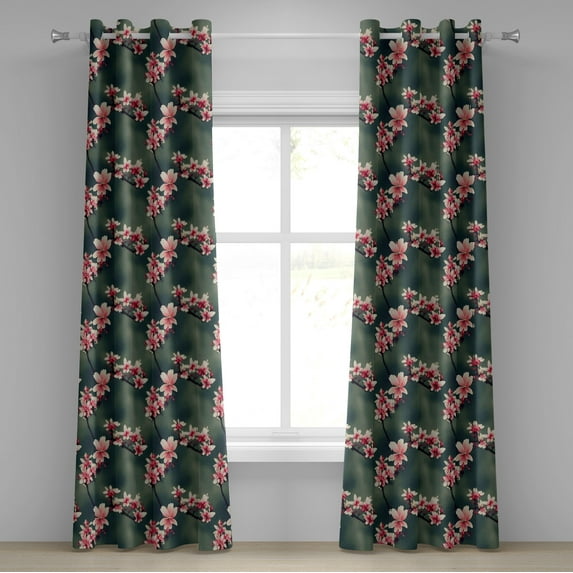 Ambesonne Asian Grommet Curtain, Cherry Blossom Japan Aura Art, 50"x72", Dark Cadet Blue and Pink