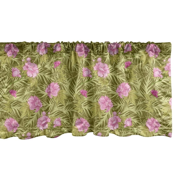 Ambesonne Asian Leaves Window Valance, Pink Flowers in Japanese Art Style Oriental Drawing Elements Flora, Curtain Valance for Kitchen Bedroom Decor with Rod Pocket, 54" X 18", Fawn Khaki and Pink