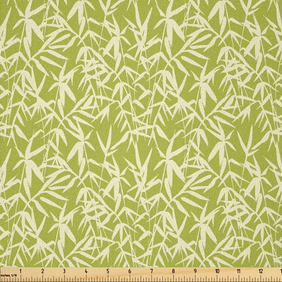 Ambesonne Asian Print Fabric by the Yard Microfiber, Botanical Leaves Art, 2 Yards, Apple Green Pale Yellow