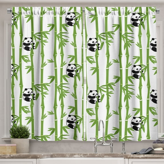 Ambesonne Asian Print Kitchen Curtains, Panda Bears on Plants, 55"x36", Charcoal Grey and White