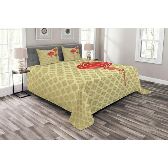 Ambesonne Asian Quilted Bedspread Set 3 Pcs, Chinese Baroque Art Pattern, King Size, Earth Yellow and Red
