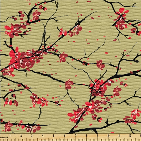 Ambesonne Asian Spring Fabric by the Yard Upholstery, Japan Leafy Branches, 3 Yards, Pistachio Green Vermilion