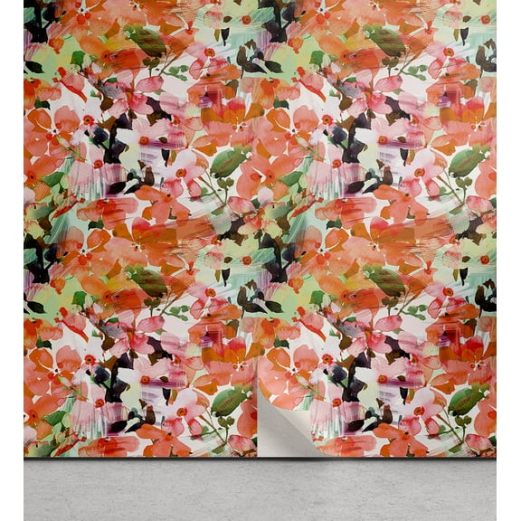 Ambesonne Asian Spring Peel & Stick Wallpaper for Home, Aquarelle Sakura Print, 13"x36", Vermilion Pistachio Green