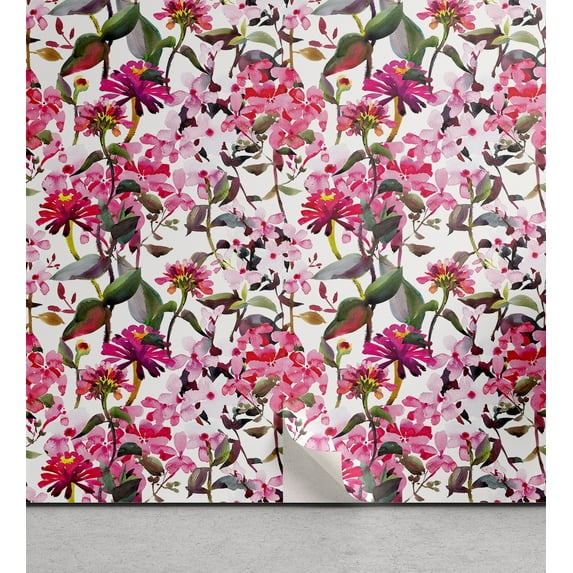 Ambesonne Asian Spring Peel & Stick Wallpaper for Home, Art Watercolor Sakura, 13"x100", Pastel Pink Peacock Green