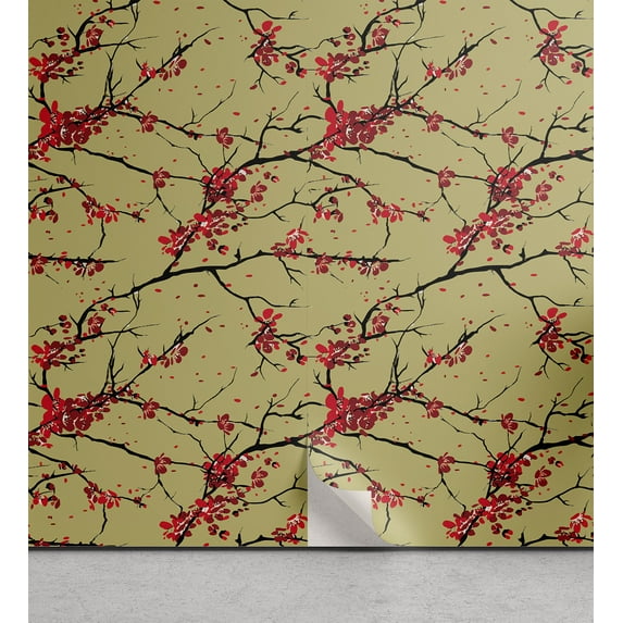 Ambesonne Asian Spring Peel & Stick Wallpaper for Home, Japan Leafy Branches, 13"x36", Pistachio Green Vermilion