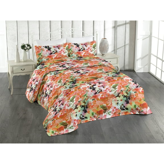 Ambesonne Asian Spring Quilted Bedspread Set 3 Pcs, Aquarelle Sakura Print, Twin, Vermilion Pistachio Green