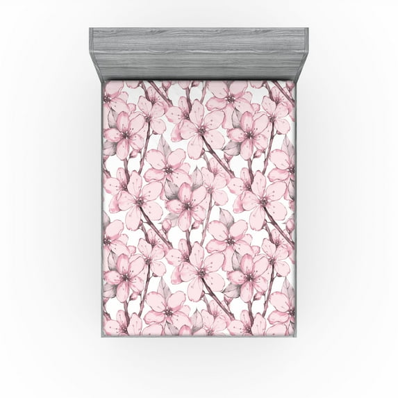 Ambesonne Asian Springtime Fitted Sheet, Art Cherry Blossom, California King, Blush Eggplant White