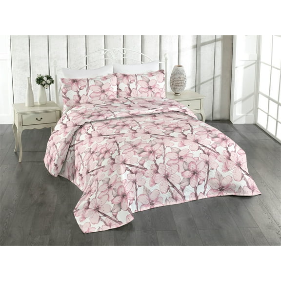 Ambesonne Asian Springtime Quilted Bedspread Set 3 Pcs, Art Cherry Blossom, Twin, Blush Eggplant White