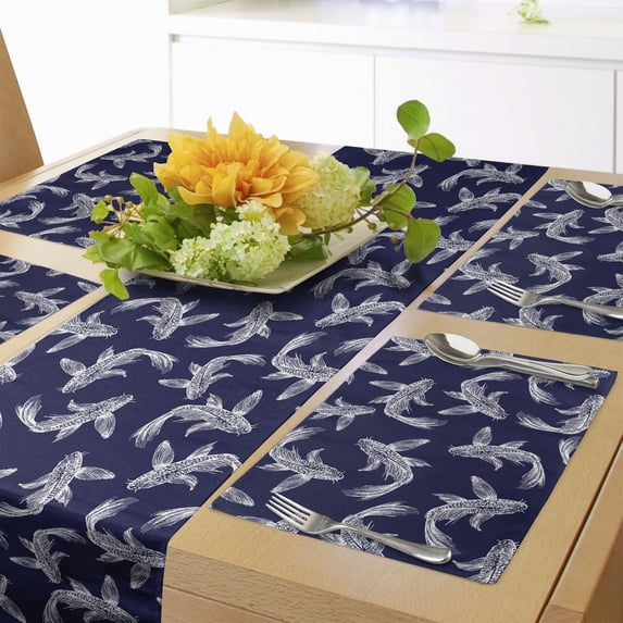 Ambesonne Asian Table Runner & Placemats, Koi Fish in the Night Water, Placemat 4 pcs + Runner 14"x90", Indigo and White