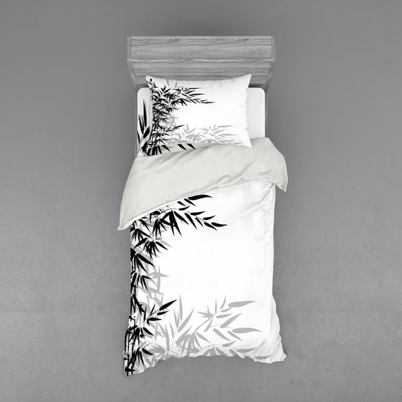 Ambesonne Asian Themed Bedding Set 3 Pcs, Monochrome Art Leaves, Twin, White and Black