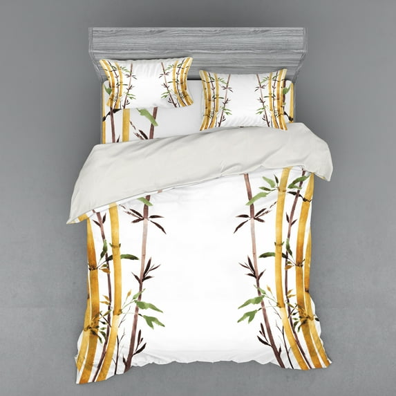 Ambesonne Asian Themed Bedding Set 4 Pcs, Simple Watercolor Leaf, Queen, White Brown Cream