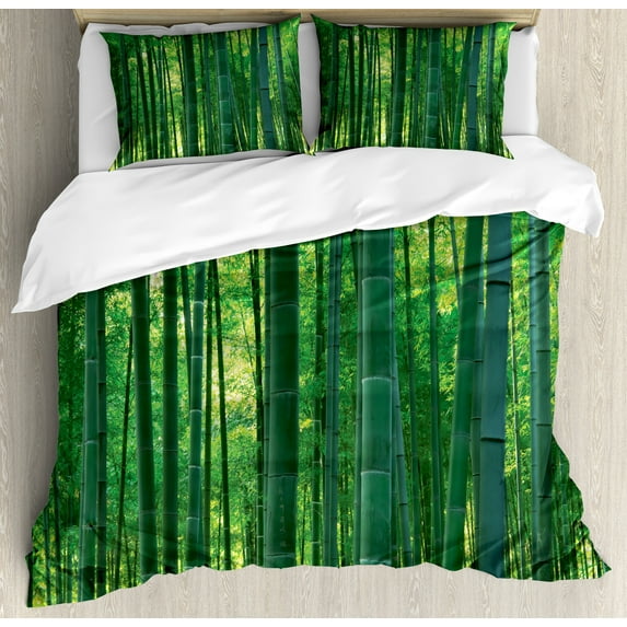 Ambesonne Asian Themed Duvet Cover Sets, Green Wild Exotics, 2-Queen, Green