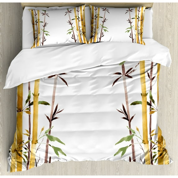 Ambesonne Asian Themed Duvet Cover Sets, Simple Watercolor Leaf, 2-King, White Brown Cream