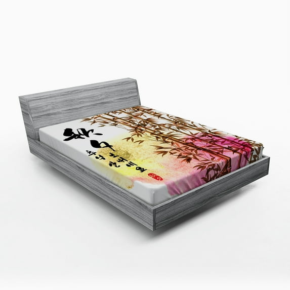 Ambesonne Asian Themed Fitted Sheet, Japanese Leaves Motif, Full Size, Multicolor