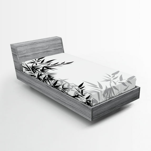 Ambesonne Asian Themed Fitted Sheet, Monochrome Art Leaves, Twin XL Size, White and Black