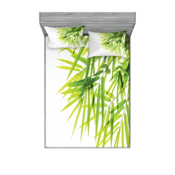 Ambesonne Asian Themed Fitted Sheet & Pillow Sham Set, Leaves Greenery Print, Full, White and Green