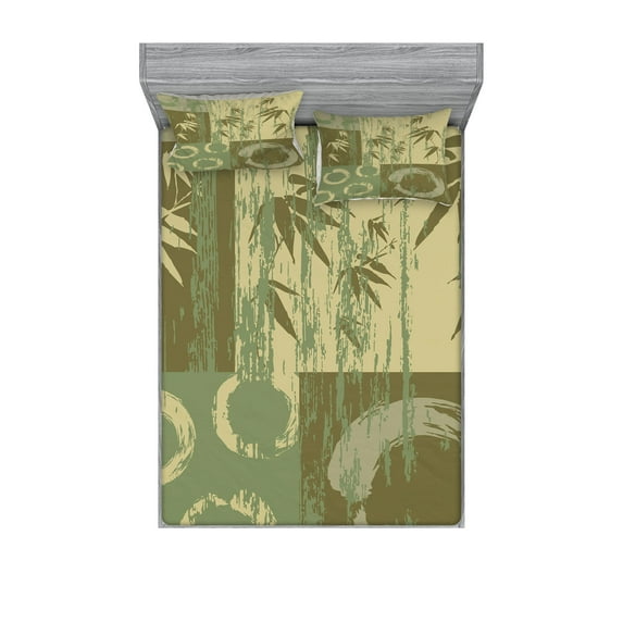 Ambesonne Asian Themed Fitted Sheet & Pillow Sham Set, Vintage Oriental Style, Queen, Green