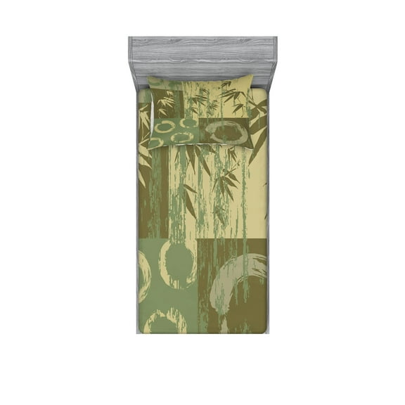 Ambesonne Asian Themed Fitted Sheet & Pillow Sham Set, Vintage Oriental Style, Twin, Green