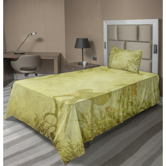 Ambesonne Asian Themed Fitted & Top Sheet Set with Sham, Branch and Birds Motif, Green