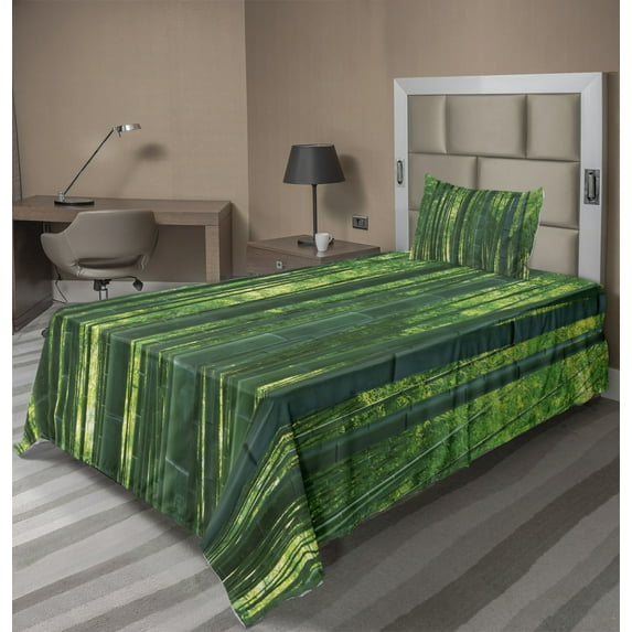 Ambesonne Asian Themed Fitted & Top Sheet Set with Sham, Green Wild Exotics, Green