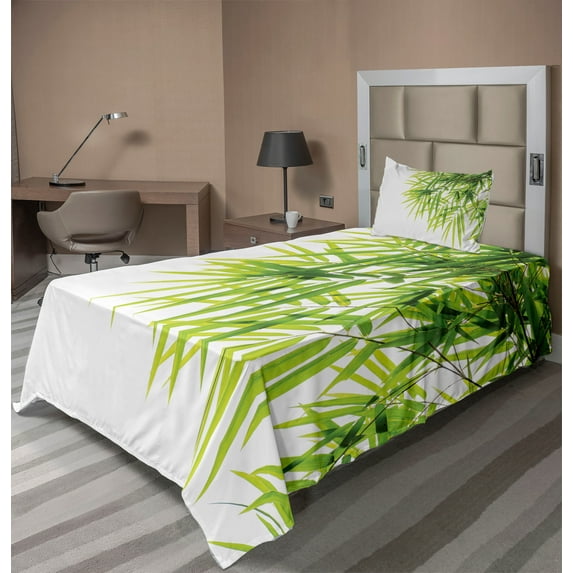 Ambesonne Asian Themed Fitted & Top Sheet Set with Sham, Leaves Greenery Print, White and Green