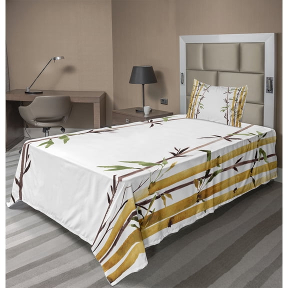 Ambesonne Asian Themed Fitted & Top Sheet Set with Sham, Simple Watercolor Leaf, White Brown Cream